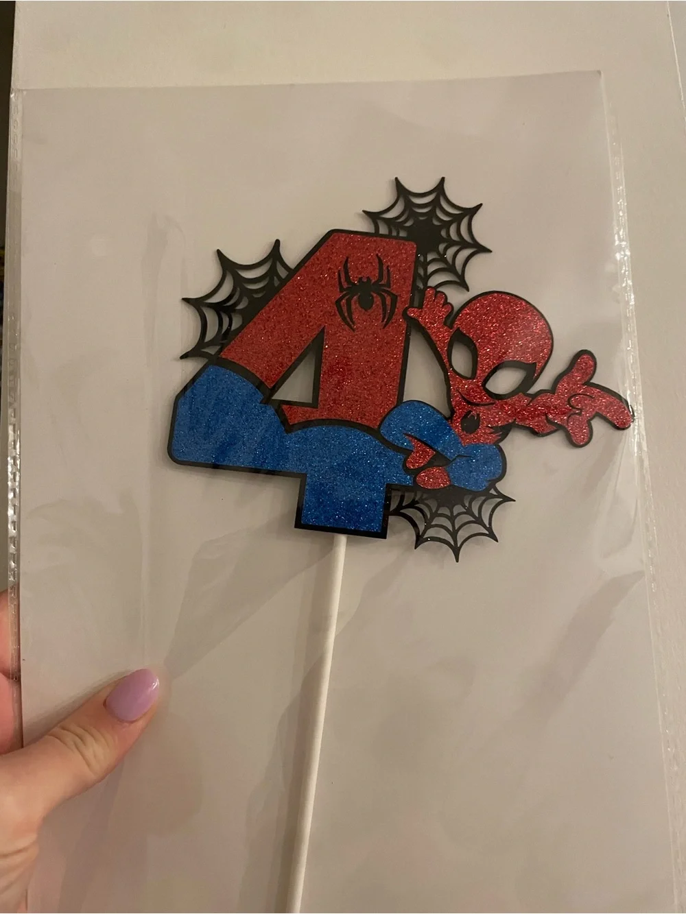 NWT Glitter Spider Hero Number 4 Cake Topper - Red & Blue